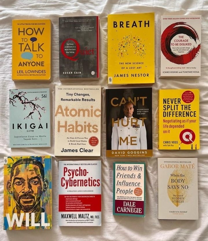 Powerofbooks3's tweet photo. 12 Books Everyone Should Read

1. How to talk to anyone
2. Quiet 
3. Breath
4. The courage to be Disliked
5. IKIGAI
6. Atomic Habits
7. Can't Hurt Me
8. Never Split the Difference
9. Will
10. Psycho-Cybernetics
11. HTWFIP
12. When Body Says No https://t.co/1rPUIA6Y5e