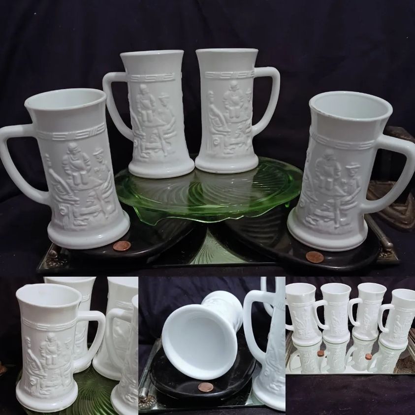 #etsy shop:Steins Federal WhiteGlass Beer Steins etsy.me/3UmPANO #whiteglass #barware #artwork #stein #germanstein #beerstein #coffeemug #federalglass #milkglass dwedgecreations.etsy.com #whitefederalglass #embossedbarscene #artglass #barstein #cappuchino