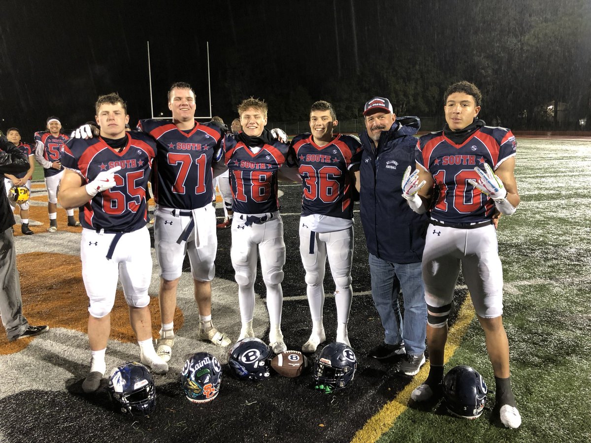 The South team comes out on top at the Charlie Wedemeyer All Star Game with @bcpfootball seniors contributing! Parker Threatt scores 2 TD’s, Tom Reilly with 6 tackles and a sack and Joe Fuqua, Josh Aguilar and Bennett Anderson played hard in the rain! #GoBells