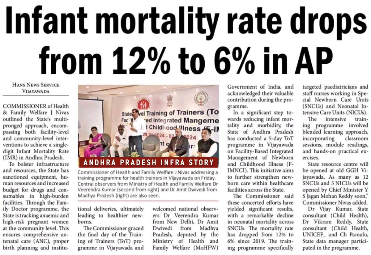 🔸Infant mortality rate drops from 12% to 6% in Andhra Pradesh 

#AndhraPradesh #InfantMortality #APInfraStory