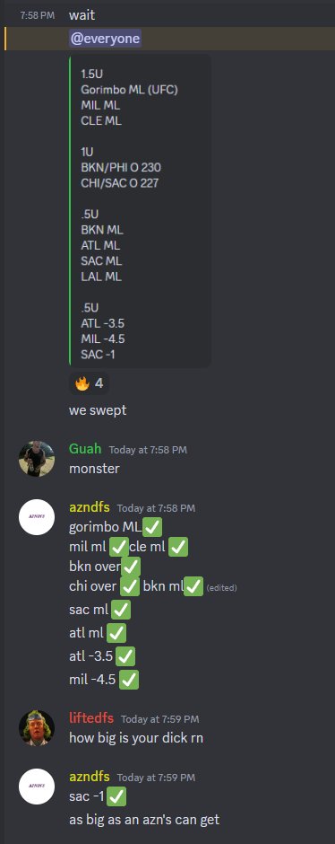 SWEEEEP GIVEAWAY BABY

giving away $25 to two people that like/rt to celebrate this 12-0 fking sweep -- must be following to be qualify

12 and mfing 0
12 and fucking 0

with a bunch of underdogs too

Gorimbo ML✅
MIL ML✅
CLE ML✅
BKN ML✅
ATL ML✅
SAC ML✅
LAL ML✅
BKN/PHI