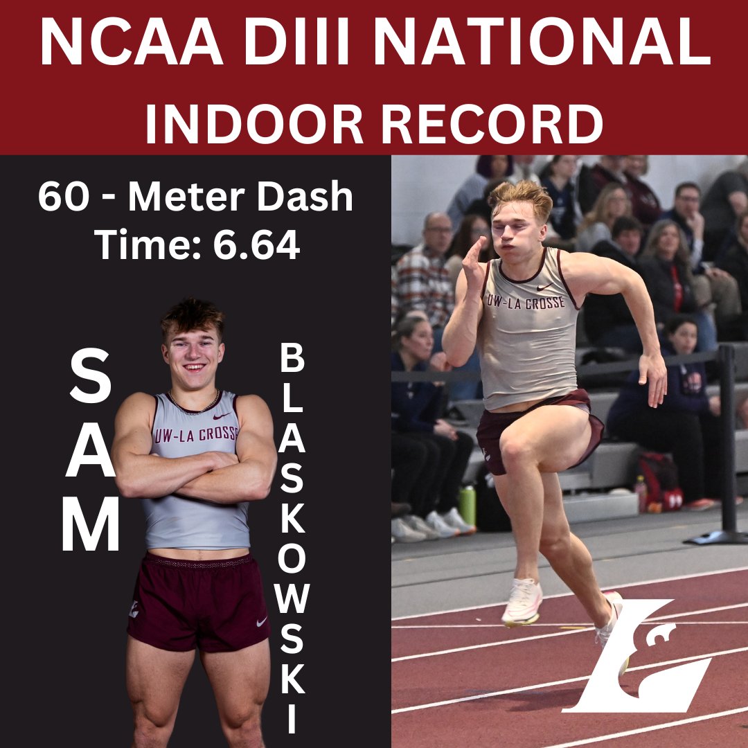 3. 2. 1. Blast off! Blaskowski does it again, running a 6.64, 60-meter dash to break his won record.
.
NCAA DIII National Indoor Track 60-Meter dash: Sam Blaskowski, 6.64.
<a href="/UWLMensTF/">UWL Men's Track & Field</a> 
#AsanEagle