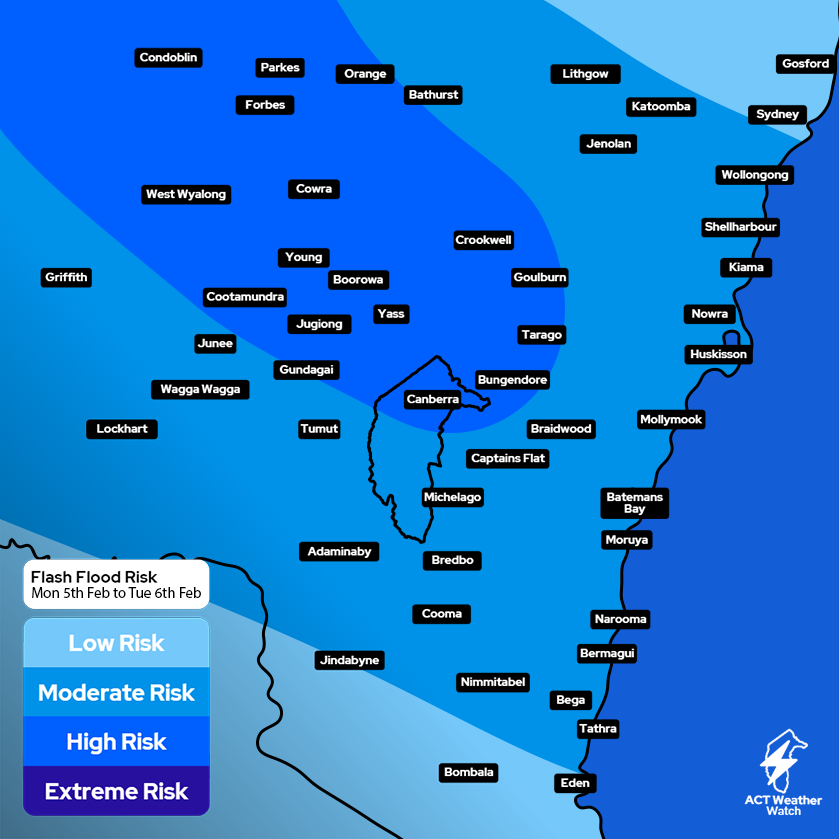 actweatherwatch's tweet photo. 🌧️ Ex-Tropical Cyclone Kirrily is forecast to move over the ACT from late Monday evening, bringing with it heavy rain that could lead to flash flooding on Tuesday morning.

Rainfall totals between 40mm to 120mm are possible over Canberra. https://t.co/Rppdj2D4aC