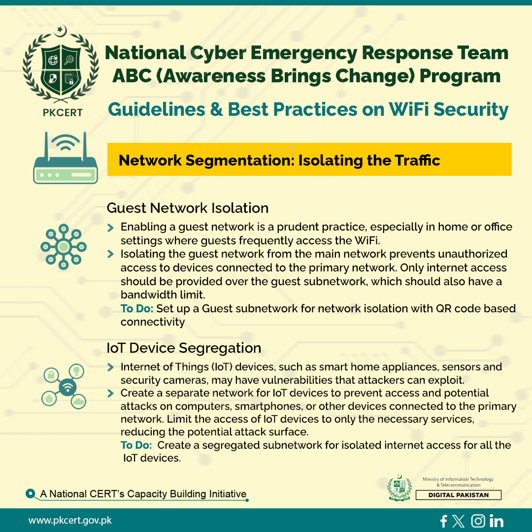 PKCERT_official's tweet image. National CERT's ABC Program! Part C of Foundation 3 focuses on Network Segmentation. Enhance security with Guest Network Isolation- separate and secure! Protect IoT devices by creating dedicated sub-networks. Stay tuned for more insights! 
#CyberSecurity #ABCProgram #WiFiSecurity