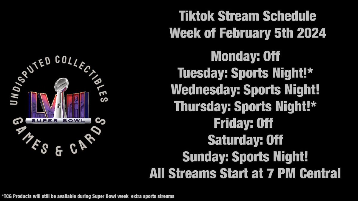 UndisputedCard's tweet photo. Early post but we have a special stream lineup for Superbowl week! ALL streams will be Sports stream! We have a TON of 2023 Football and everyone in Undisputed will be hosting breaks! Tiktok coupons will be coming out this week so make sure you use them to get products for cheap! https://t.co/HsEk5kUvdA