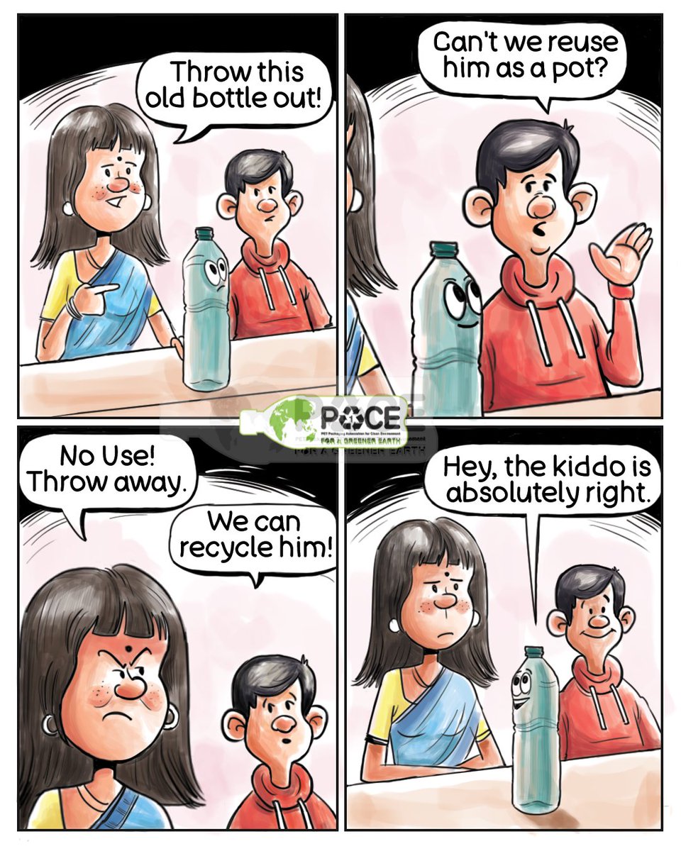Trash or Treasure? 🌱♻️ Small actions for a big impact. Let's choose the sustainable route! Mom contemplates tossing an old PET bottle, but her eco-savvy son suggests a second chance through reuse or recycling. The wise bottle chimes in, 'Listen to the little one!'