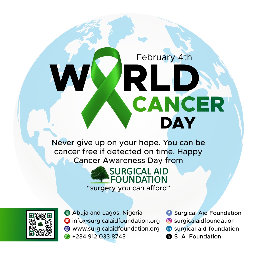 S_A_FOUNDATION's tweet photo. Never give up on your hope. You can be cancer free if detected on time. Happy Cancer Awareness Day from Surgical Aid Foundation

#WorldCancerDay
#IAmAndIWill
#CancerAwareness
#FightAgainstCancer
#CancerFree
#CancerPrevention
#SurgicalAidFoundation
#SAF https://t.co/lWpNvUutid