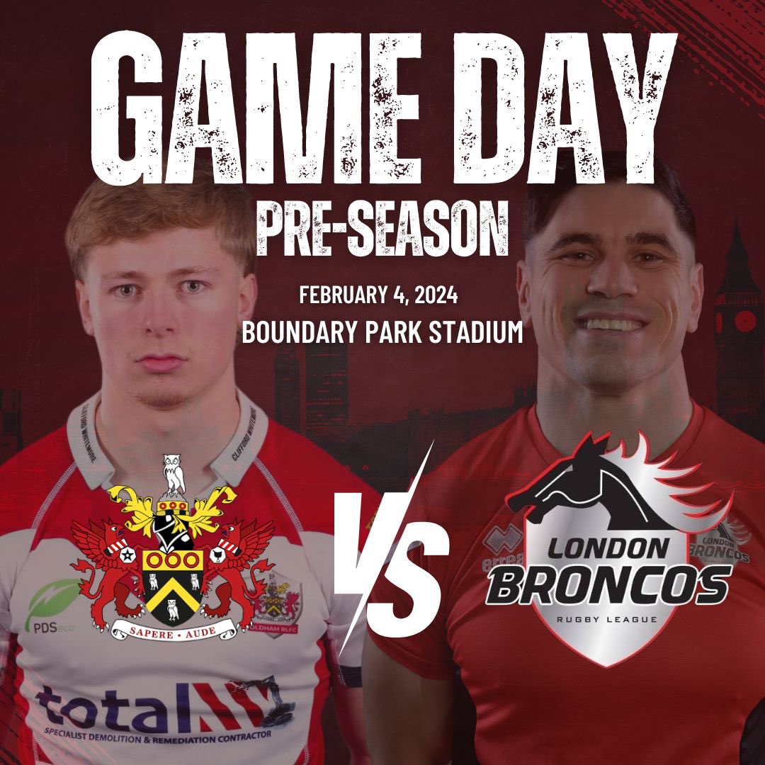 🗣️| 𝐆𝐀𝐌𝐄𝐃𝐀𝐘!!

It’s our final pre-season run-out before it all gets going for real on February 16th.

🆚 <a href="/Roughyeds/">Oldham RLFC</a> 
🏟️ Boundary Park
📆 Sunday 4th February
🕒 3pm kick off
📖 londonbroncosrl.com/preview-oldham…

#WeAreLondon🏉