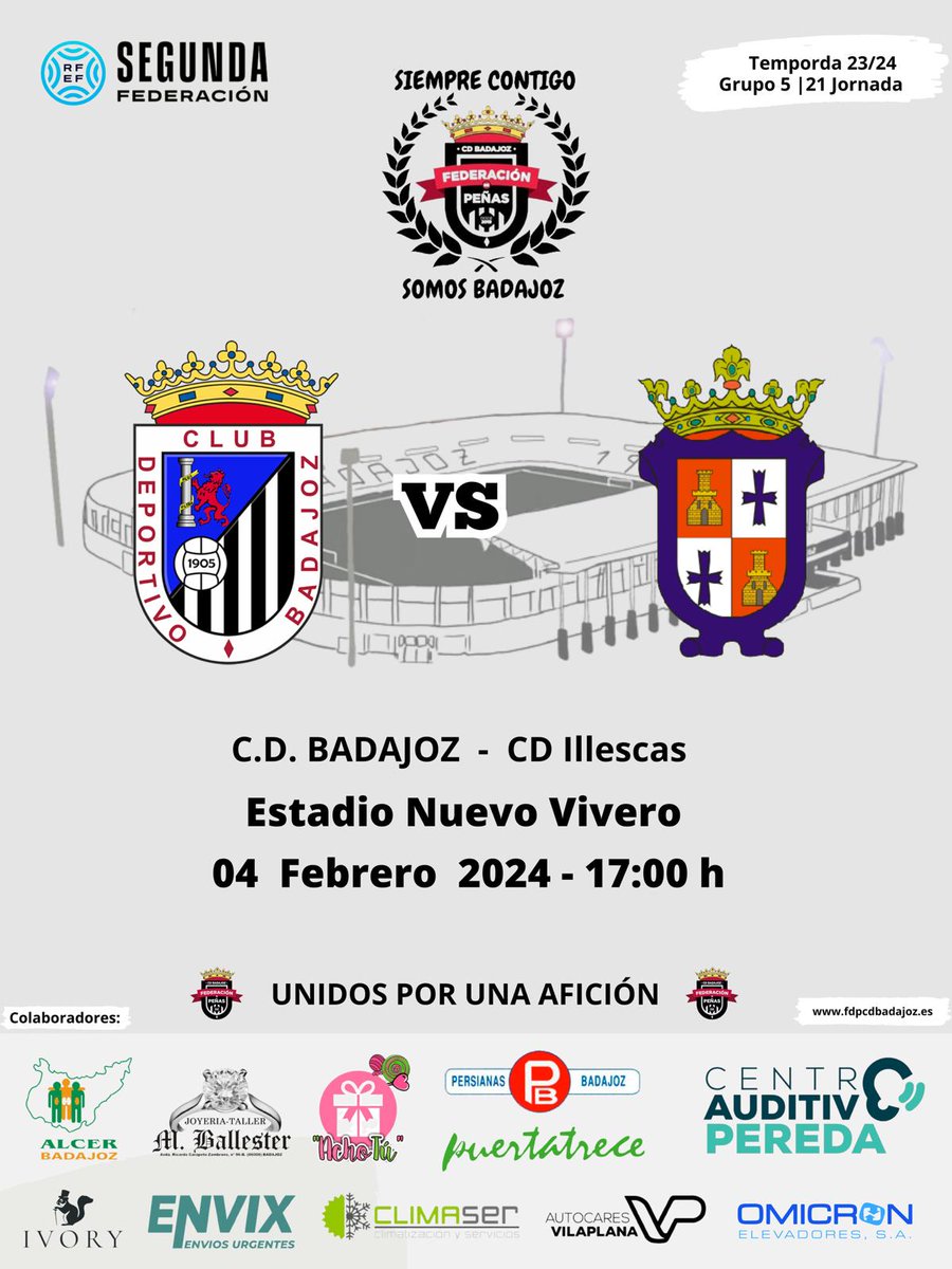🌞 Buenos días blanquinegros 🌞
🚨⚽ ᎻᎾᎽ ᎬᏕ ᎠłᎯ ᎠᎬ ᏰᎯᎠᎯ ⚽🚨

🕒 15:00 #FanZoneCDB 🍻🍺😋

🕔 17:00 <a href="/CDBadajoz/">CD Badajoz</a> ⚔️ <a href="/CD_Illescas/">CD Illescas</a>

🎟 Entradas en taquilla y online
En beneficio de #ElPropósito Comedor Social

#AupaCDB ⚪⚫ #SiempreContigo