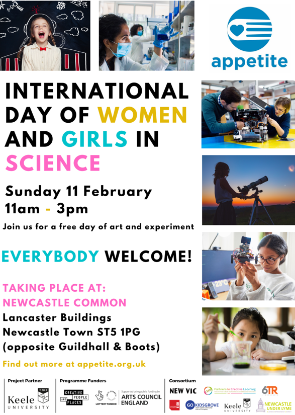 Colleagues from @KeeleUniversity & @appetitestoke have joined forces to bring a host of exciting #Science & #Art activities to #NewcastleUnderLyme High Street to celebrate the #InternationalDayOfWomenAndGirlsInScience. 📆 Sunday 11 February ⏰ 11-3pm appetite.org.uk/event/internat…