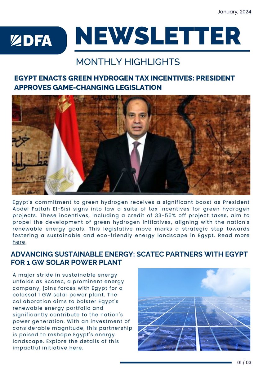 DFAdvisers's tweet photo. Checkout our #JanuaryNewsletter featuring:
#GreenHydrogen Boost
#SolarPower Partnership
Egypt-Malta #ElectricityPartnership
#WindEnergyProject Breakthrough
#DFAInitiatives Key Ministries & Global Players unite for #EgyptEnergy
@UNIDO @OECD_Stat @ACWAPower @ScatecASA https://t.co/bH1X86eqSo