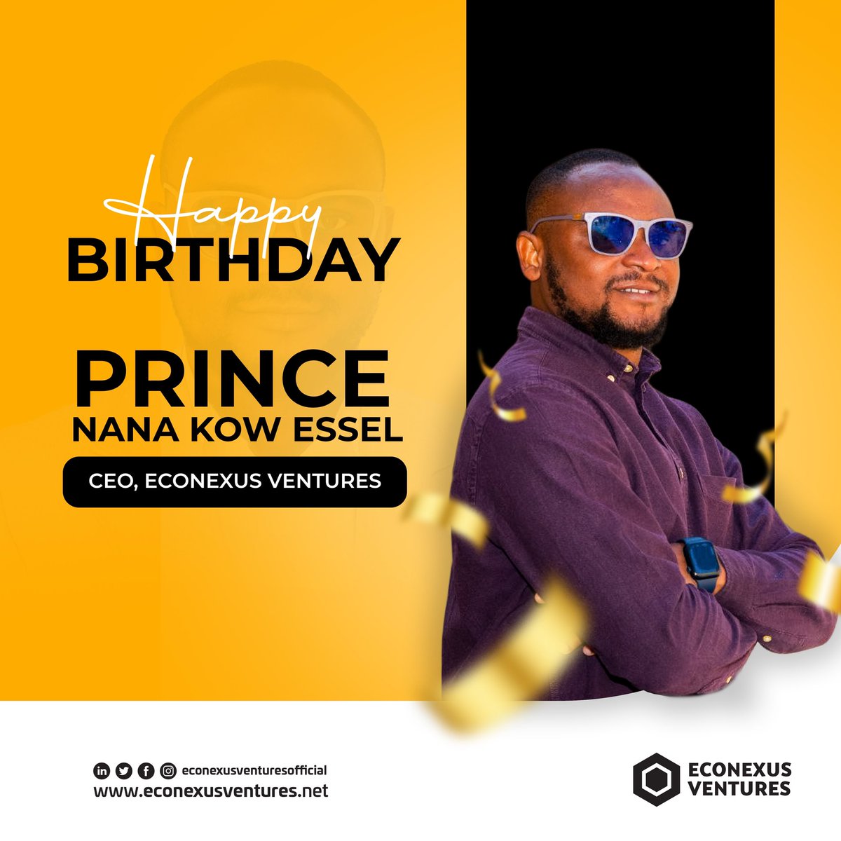 EconexusL's tweet photo. Wishing a fantastic birthday to Prince Nana Kow Essel, the visionary leader and CEO of Econexus Ventures! Your guidance and innovation inspire us. May the year ahead be filled with ongoing success and prosperity. Cheers to you on your special day! 

 #HappyBirthday #CEOBirthday https://t.co/sIfYUVfkTk
