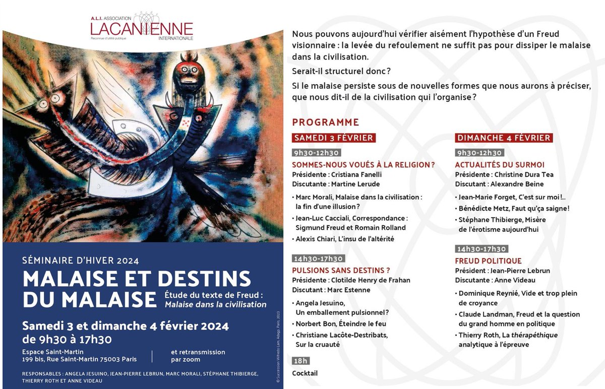 FreudlabMilano's tweet photo. SÉMINAIRE D'HIVER : MALAISE ET DESTINS DU MALAISE
Association Lacanienne Internationale
Lieu : Espace Saint Martin, 199 bis rue Saint Martin, 75003 Paris
Date actu: 03/02/2024 - 09:30 https://t.co/DFbDSJzxgO