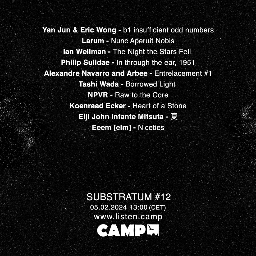 fnekf's tweet photo. SUBSTRATUM #12 | Tomorrow at 13:00 CET | @listen_camp
With:
#YanJun 
#EricWong
#Larum
@ianewellman
#PhilipSulidae
@LINEimprint
@ekonavarro
@arbeemonkey
@tashiwada
@nikvoid
@EditionsMego
#KoenraadEcker
@eiji_jm
@_Eeem_ https://t.co/4446fQC57W