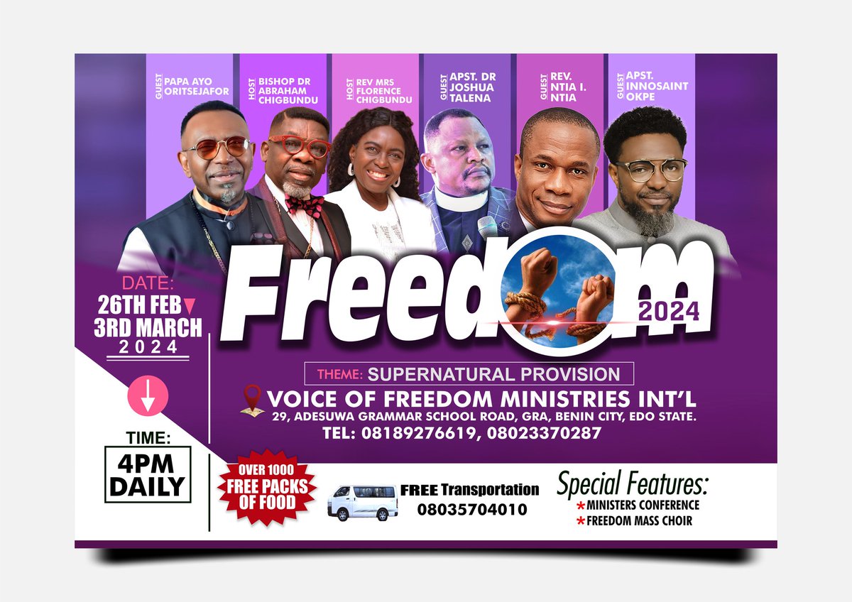 Are you ready for FREEDOM 2024?

After this international convention;
**All you will lay your hands to do in 2024 shall multiply in the name of Jesus.

#school #VFMGlobal #AFCON2024 #AFCON2023 #Freedom2024 #BishopChigbundu #VFMService #VFMSP24 #VFMFreedom #FATE_IN_NEWCLARKCITY