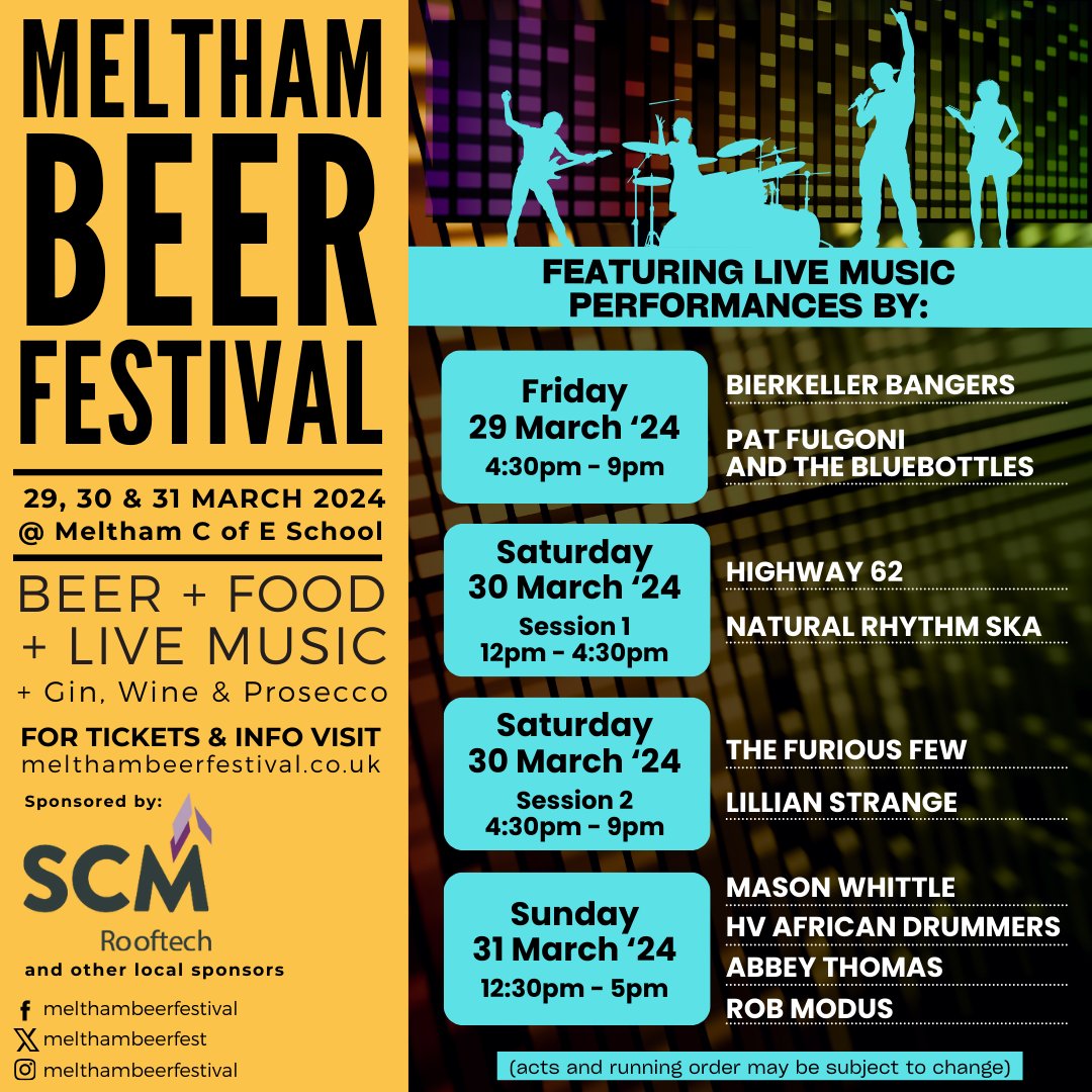 We love live music and we are so pleased that Meltham Beer Festival 2024 will be featuring live music performances by 10 different acts!  🍻 

Meltham Beer Festival returns on 29, 30 &amp; 31 March 2024.  Link in bio - for tickets, info &amp; sponsorship.  

#mbf2024 #melthambeerfestival