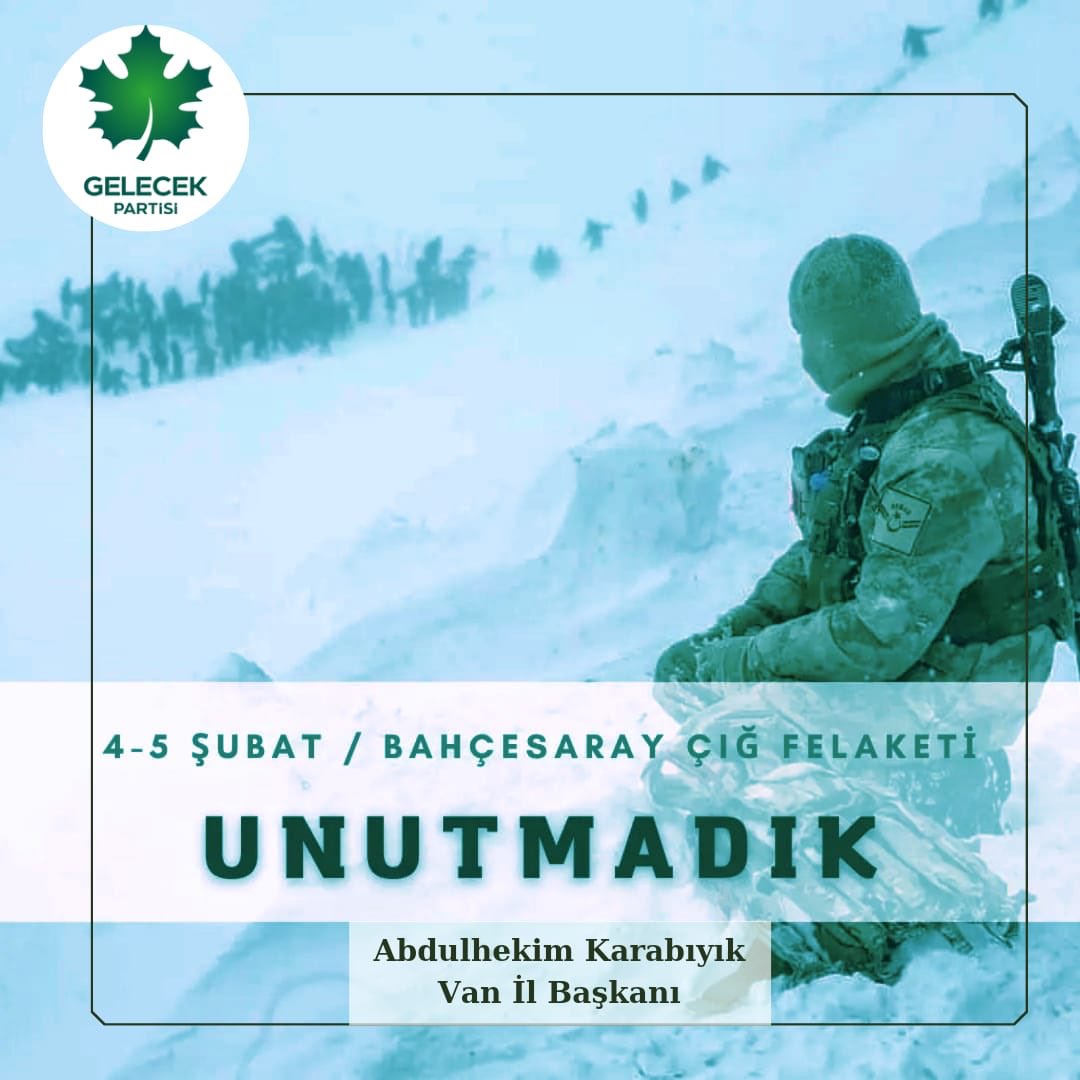 Van - Bahçesaray ( Mêks )
4-5 Şubat 2020 tarihinde meydana gelen ÇIĞ felaketinde 42 vatandaşımızı ilgili ve yetkililerin ihmali üzerine kaybetmiştik.
Olayın üzerinden 4 yıl geçti konuyla ilgili tek kişi sorumlu ve kusurlu tutulmadı dosya kapandı.

O’ acıyı unutmadık unutmayacağız