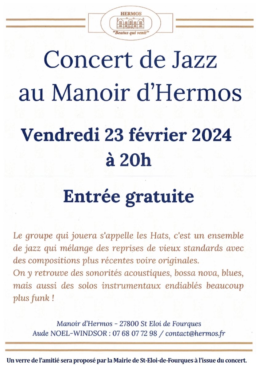 bloginfo's tweet photo. Un #concert de #Jazz gratuit au Manoir d'#Hermos, à Saint-Eloi-de-Fourques, donné par le groupe Les #Hats le vendredi 23 février à 20 h 00. Un verre de l'amitié sera servi à l'issue du concert. https://t.co/kjmDP1S6fR