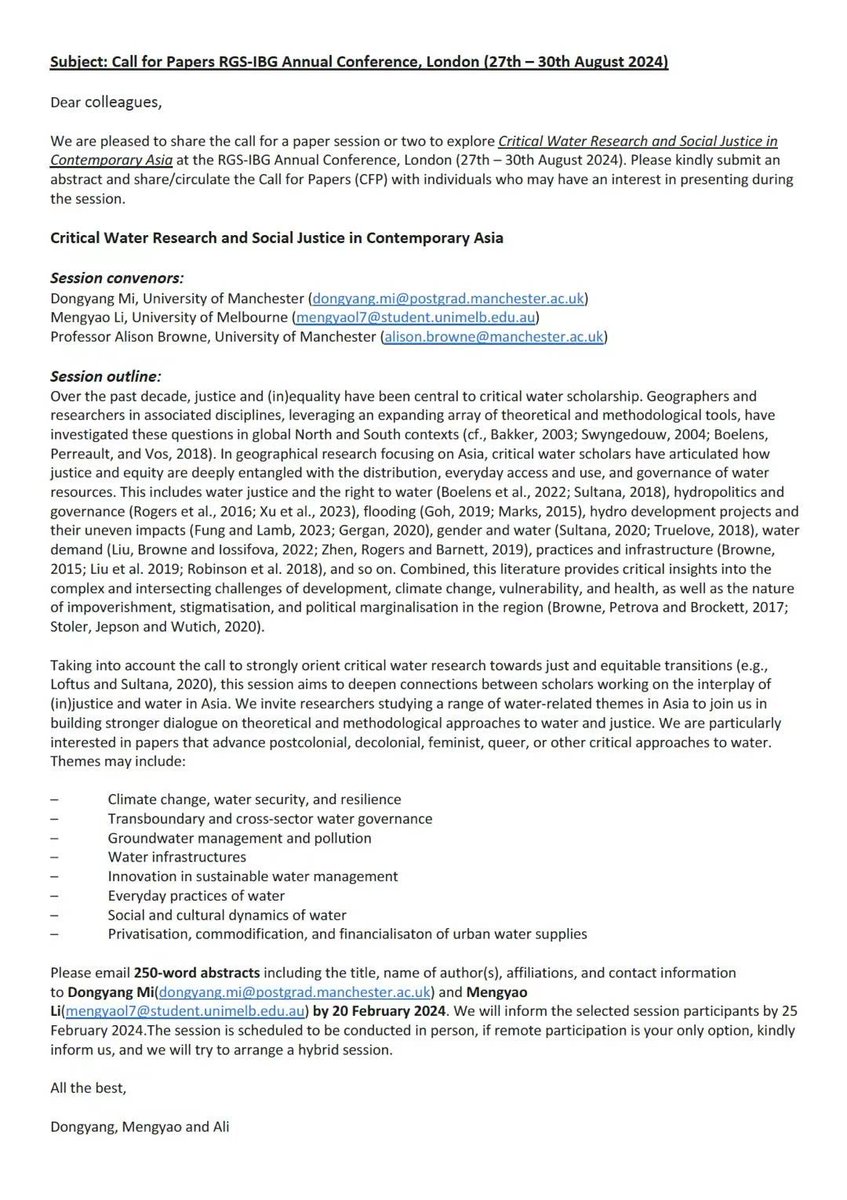 We are happy to share #Callforpaper session to explore Critical Water Research and Social Justice in Contemporary Asia at the RGS-IBG Conference, London (27– 30 August 2024).
 
Please submit an abstract and circulate the CFP with others😊
@RGS_IBG @cccs_unimelb @GeographyUOM