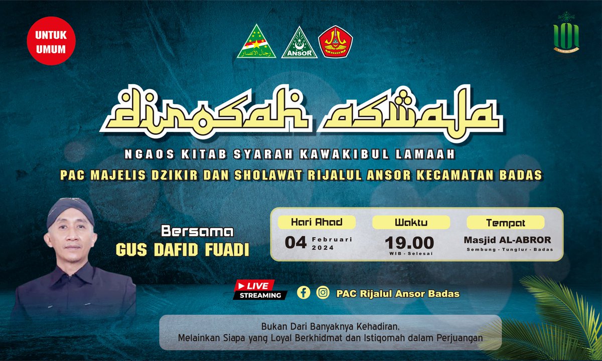 DafidFuadi's tweet photo. Rutinan Ngaji Aswaja, Ahad malam Senin, 4 Februari 2024 https://t.co/B8OZGJPf20