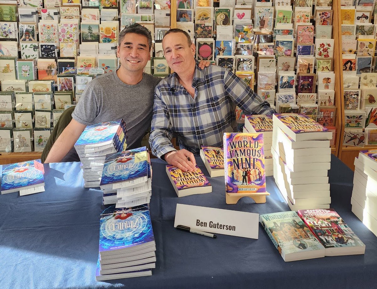 Many thx to @BrckMrtrBooks & all the booklovers who came out today! Wonderful event, great crowd--& way too much fun. I hope readers enjoy THE WORLD-FAMOUS NINE! Bonus: my buddy Kazu Kibuishi stopped by to sign his latest, Waverider/Amulet#9! Nines all the way around! @boltcity