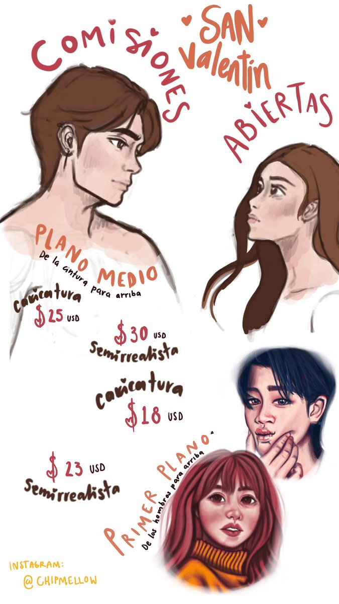 ChipMellowt's tweet photo. 💕 Comisiones de San Valentín 💕
✨ el precio es por dos rostros en la misma ilustración ✨

Si quieren ver más de mi trabajo está en Instagram @chipmellow 

Acepto pagos por PayPal y transferencia (para México) 

#comissionsopen #comisiones #ArtistOnTwitter #SanValentin https://t.co/wcHSzidF6G