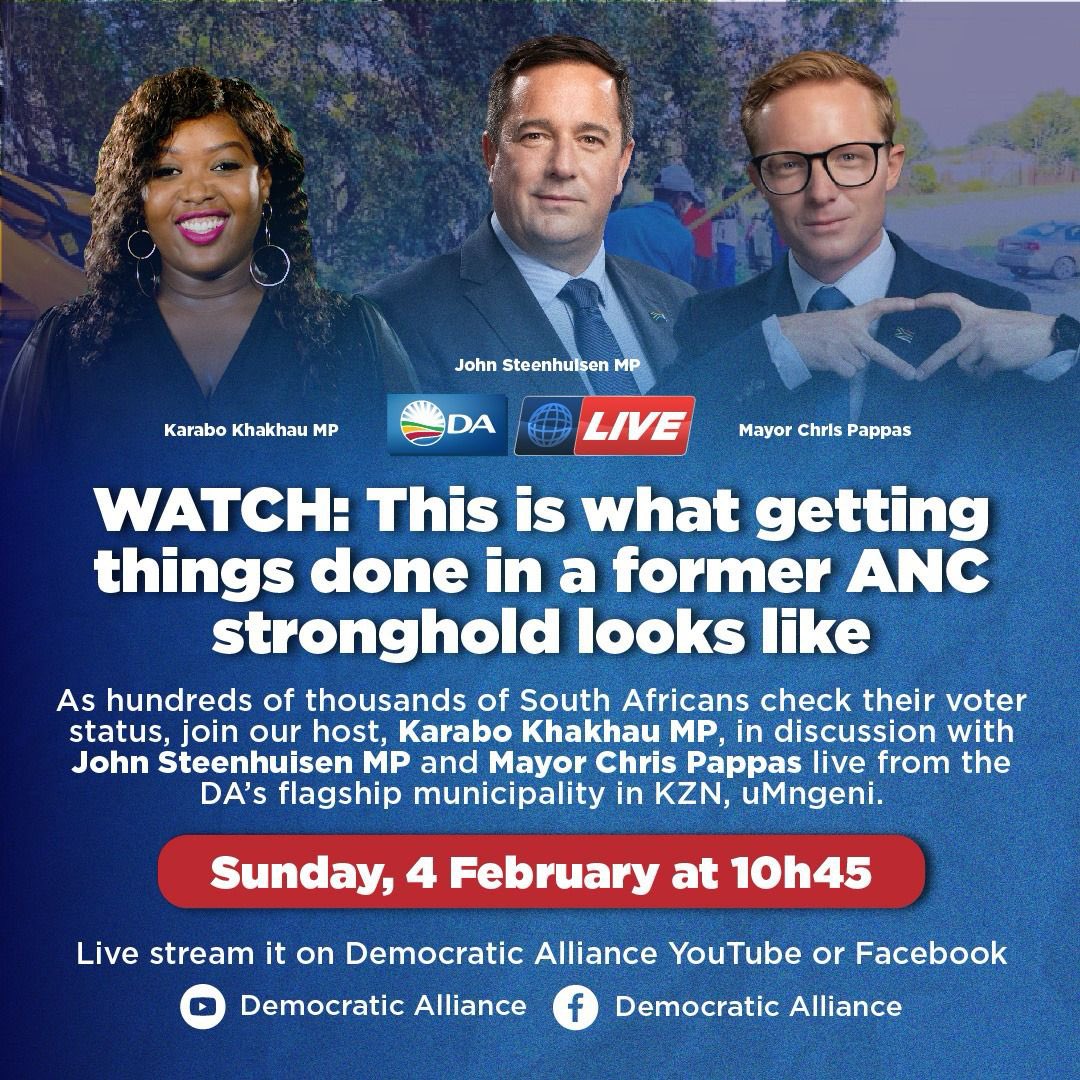 DA_KZN's tweet image. 🔔 | Set your reminder. Today at 11h15 DA Leader John Steenhuisen joins Mayor Chris Pappas in uMngeni as we reflect on the progress made in changing people’s lives.

Watch it live on the DA’s Facebook and YouTube pages: youtube.com/live/gr9eW-232…

#RescueSA
#RegisterToVoteDA