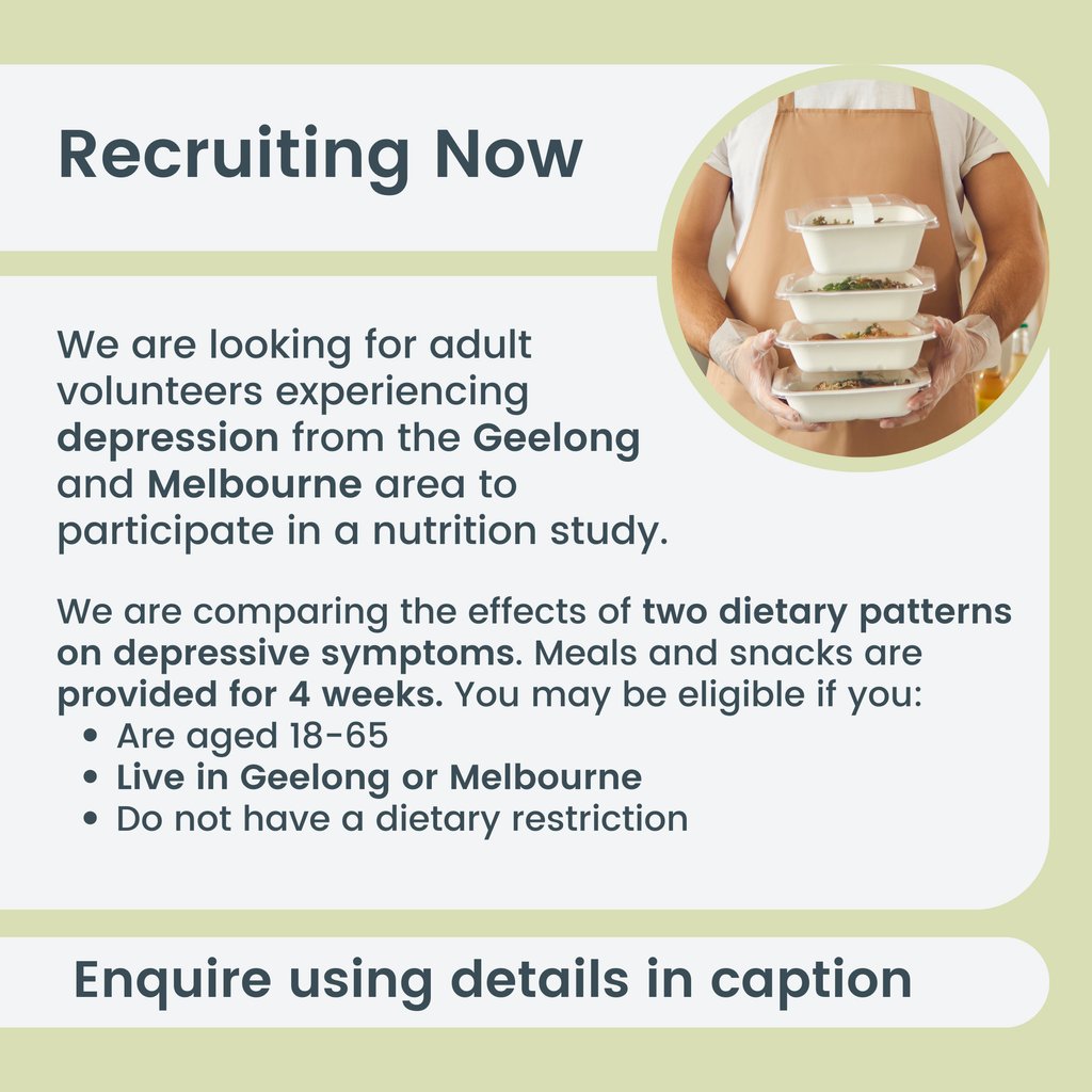 We are looking for adult volunteers with depression for a nutrition study – the OPTIMISM trial. Find out if you’re potentially eligible here: redcap.deakin.edu.au/surveys/?s=DXL… or by emailing optimismscreen@deakin.edu.au