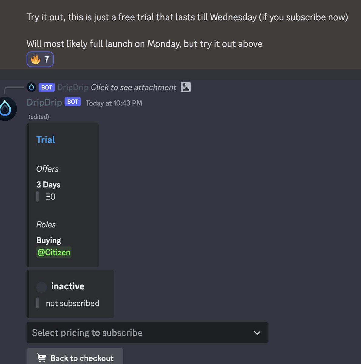 Now powering free trials in <a href="/TheCapitol/">The Capitol</a> 

You should try it out, no CC required.

DripDrip's role management system works standalone from payments— perfect for timed and guarded roles.