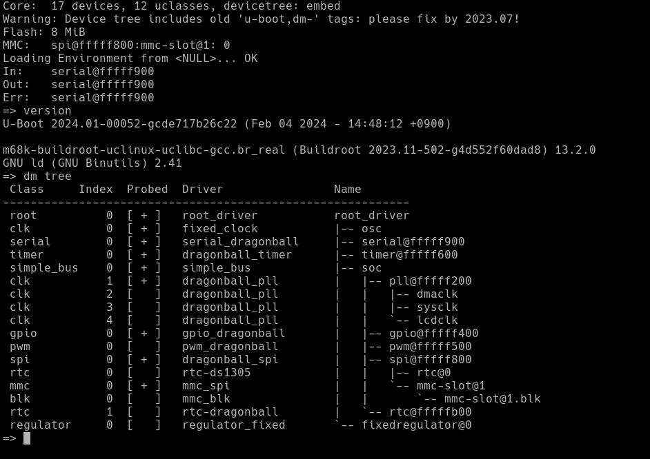 linux_chenxing's tweet image. When a little messing around weekend project gets out of hand and you end up with a complete upto date port of u-boot for a 40+ year old arch.