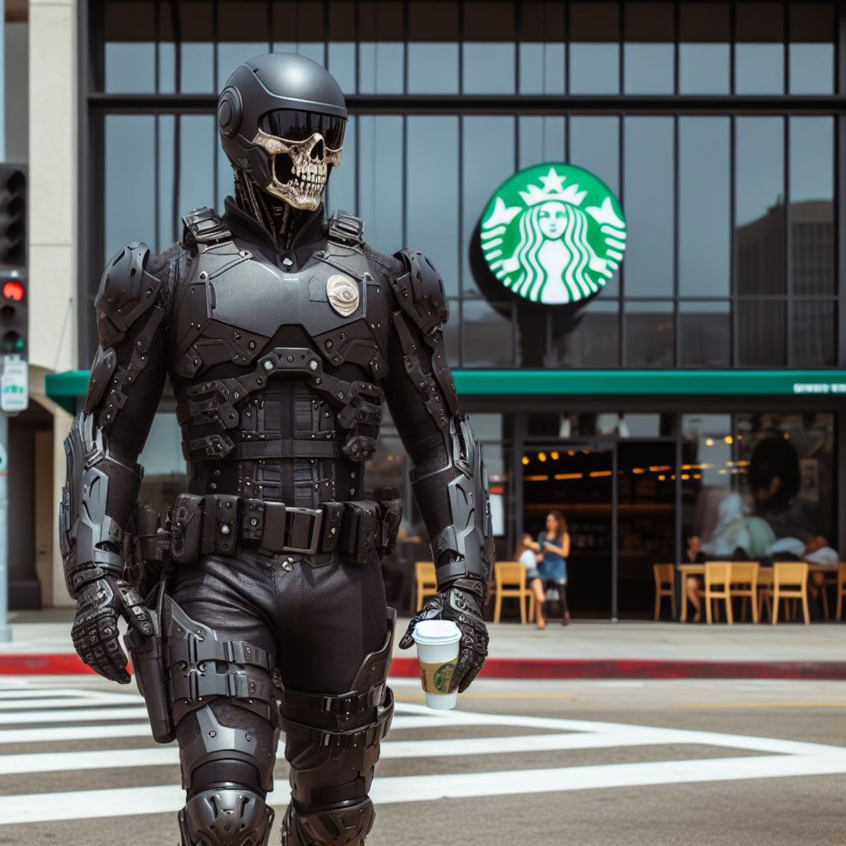 DeltaMax2081's tweet photo. Even cyborg cops need to fuel-up on their daily caffeine intake.

@deltamax2081 #cyborg #cyborgs #robots #robotcop #robocop #skullmask #futuresoldier #uniform #gayuniform #leatheruniform #starbucks #supercop https://t.co/vHGJq0NgG5