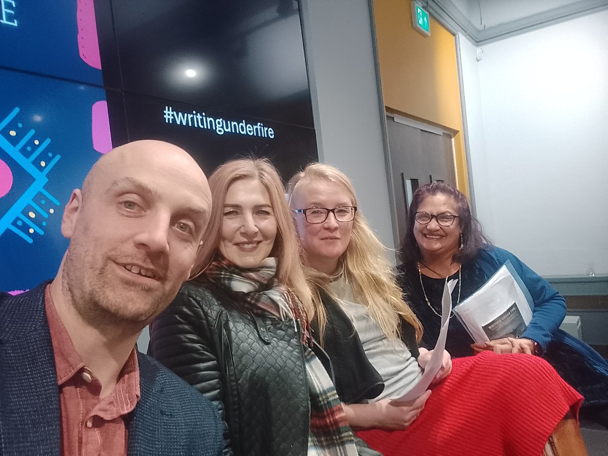 RMFrancis's tweet photo. Lovely to be part of #writingunderfire with @basgroes @Kerry2001 @KraziKuli and @Carmeldo last night for @WolvesLitFest . A moving event launching a moving book https://t.co/jzrvFtNcum