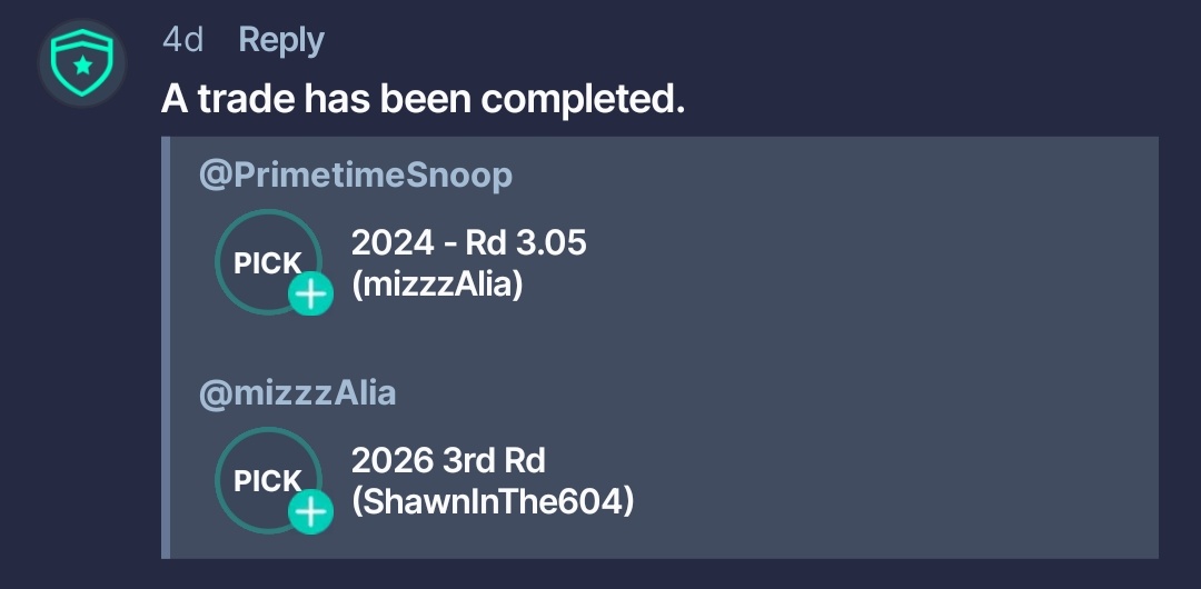 TFLisWAR's tweet photo. These trades have been completed and stuff ⬇️
@thatsportsguy67 🤝 @PRiMETIMESNOOP_
@PRiMETIMESNOOP_ 🤝 @MizzzAlia
@PRiMETIMESNOOP_ 🤝 @Adamkblat
#TFLisWAR🔥 #TFL💯 #nfl #dynasty #fantasyfootball #Sleeperbot #Season4⭐ #DynastyTrades https://t.co/gYuqk3bErb