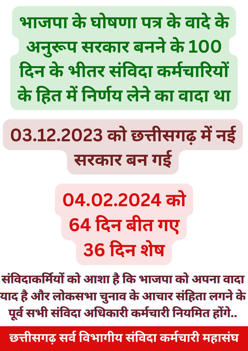 समाज के विभिन्न वर्ग को घोषणापत्र के अनुसार तत्काल लाभ दिया जाता है
पर कर्मचारी वर्ग के लिए "कमेटी" बनाई जाती है
हम संविदाकर्मी शोषित हैं,पीड़ित है,वंचित हैं
पर हमारी 20 वर्षों से कोई नहीं सुन रहा है न BJP न कांग्रेस न भगवान न न्यायालय न प्रेस न कार्यपालिका न विधायिका
<a href="/vishnudsai/">Vishnu Deo Sai</a>