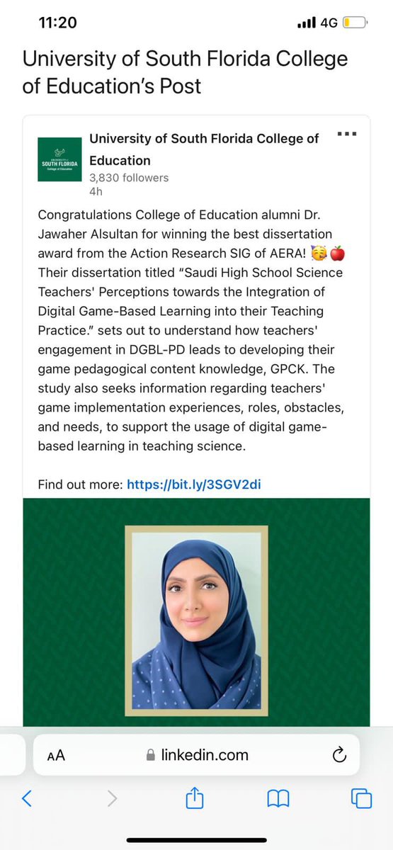 🎉 إنجاز علمي للوطن : الدكتورة جواهر السلطان، عضو هيئة التدريس بجامعة الإمام عبدالرحمن بن فيصل وخريجة جامعة جنوب فلوريدا، تتألق كأول سعودية وعربية تفوز بجائزة أفضل أطروحة دكتوراه في الأبحاث الإجرائية لعام ٢٠٢٤ من جمعية البحوث التربوية الأمريكية AERA. أطروحتها تناولت دمج التعلم