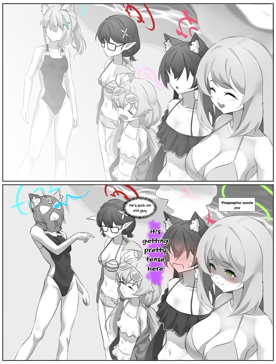 RagingAsn_'s tweet photo. @exile051422 EN Translation by @RagingAsn_ 
Artist Comment: Abydos Resort, Sensei and Foreclosure Task Force

Man this new 3 star is pretty busted. 
It can CC all who look at him with his stunning looks~
(Also U.Rang-sensei drew the gunshot scar this time!)

영어 번역입니다!
다음에 보자! https://t.co/bSdZndiclx