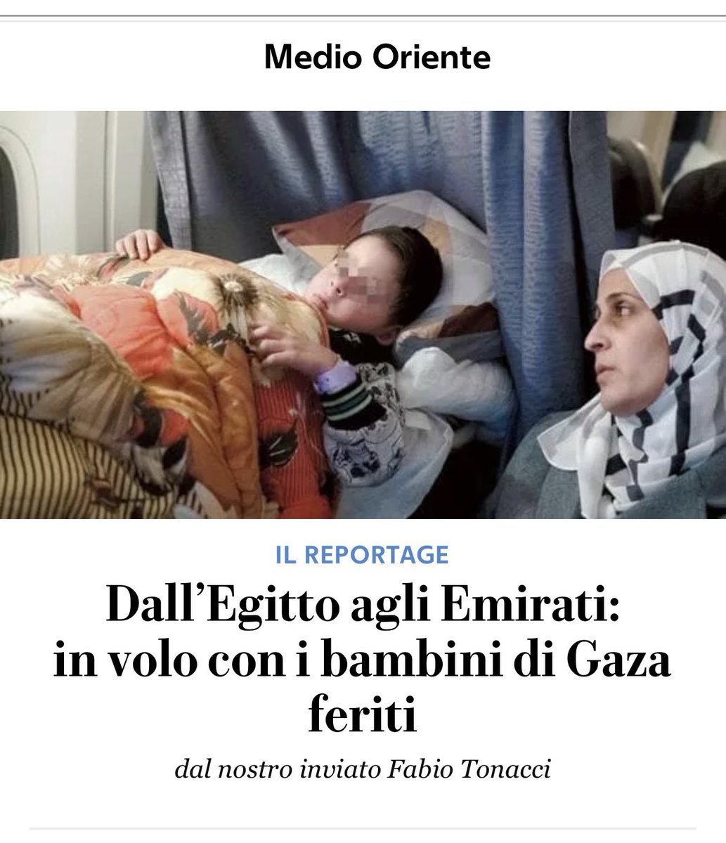 Sono stato sull’aereo che trasporta i bambini di #Gaza. A bordo c’erano 65 bambini palestinesi gravemente feriti dai bombardamenti israeliani. Molti sono rimasti orfani. Saranno operati negli ospedali di Abu Dhabi. Su @repubblica racconto le loro storie. Che non dimenticherò mai.