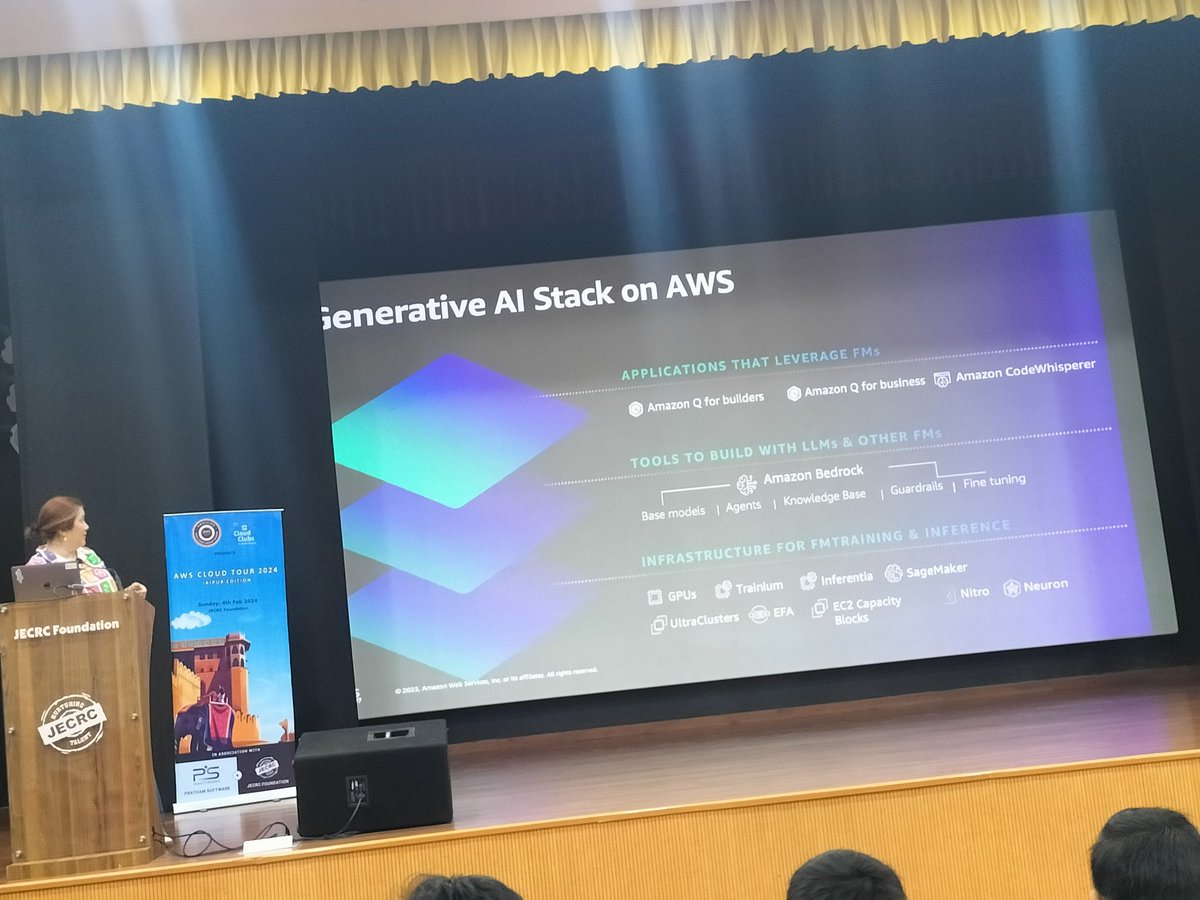 🌟 Loving Kristine Howard's session on Generative AI at AWS Cloud Tour 2024 in Jaipur! 🚀 Rocking an AWS shirt that's as innovative as the tech she's discussing. 😎👕 Kudos to <a href="/PrathamS_PSI/">Pratham Software</a> and <a href="/awsugjaipur/">AWS User Group Jaipur - Rajasthan</a> for making this event so stylish and informative! #AWS #TechFashion  #