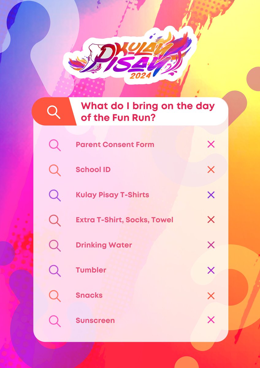 SERANAIYA2024's tweet photo. ONLY FOUR DAYS LEFT BEFORE KULAY PISAY 2024 🎨 

And here are the things that you will be needing to bring on the day of the fun run 🫡

For more information, kindly refer to the Asst. CID’s advisory sent to you by your Homeroom advisers.

Stay tuned and see you soon! 🏃‍♂️💨 https://t.co/7VQIqPO4WE