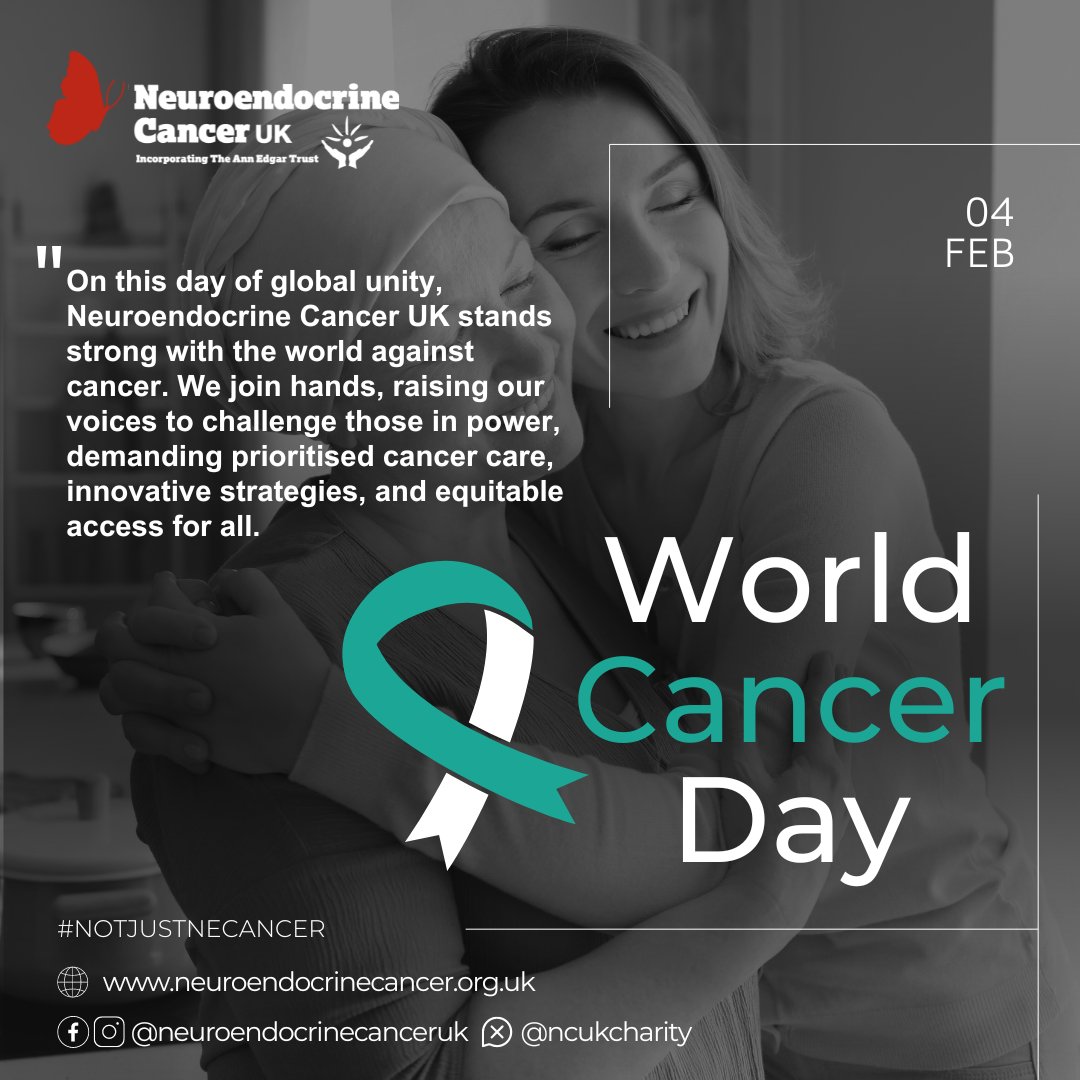 Neuroendocrine Cancer UK proudly stands united with the global community, advocating for awareness, research, support, and equity for all those affected by any type of cancer. 

Join us in raising awareness and breaking the silence around #neuroendocrinecancer. 
#WorldCancerDay