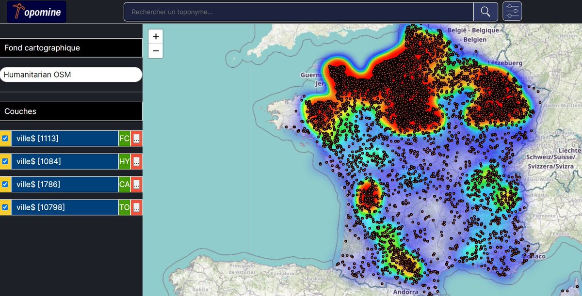 mirbole01's tweet image. Topomine, une application web pour visualiser des données relatives à la toponymie en France. 
Possibilité d’interroger plusieurs bases de données toponymiques avec requêtes SQL + export des résultats au format geojson
cartonumerique.blogspot.com/2024/02/topomi…