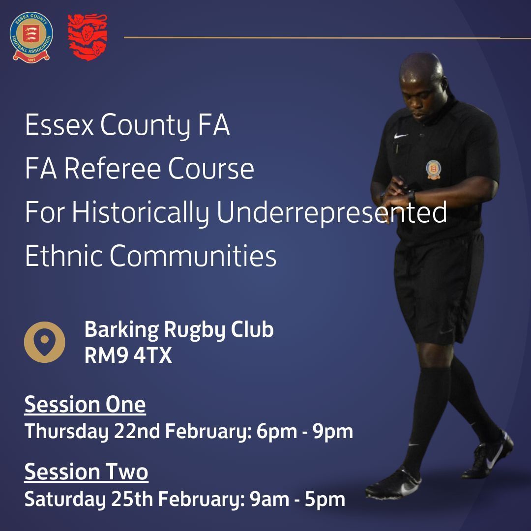 FARefereeing's tweet photo. Our friends at @DerbyshireFA, @EssexCountyFA, @LondonFA and @SHCFA are offering fantastic bursaries to get more people from historically underrepresented communities into #refereeing ⚽

Contact them to find out more. 📨 https://t.co/aJHHFNYhif