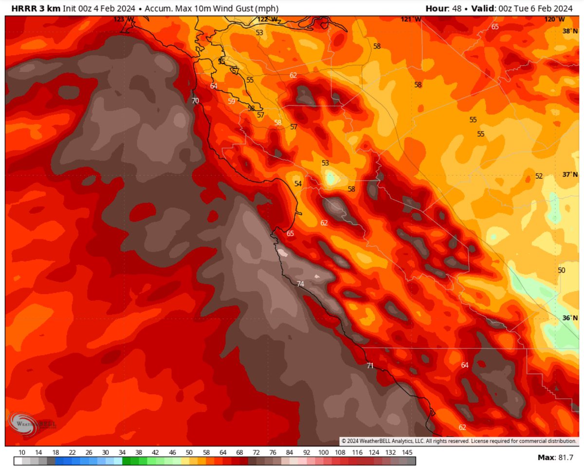 The_Weatherman2's tweet image. These forecasts show why an unprecedented Hurricane Force Wind Warning was issued for the waters from Pt. Pinos to Pt. Piedras Blancas. Gusts of 70-80 mph are possible on the coast and in the mountains, with gusts up to 90 mph over water. #cawx #Monterey #windstorm