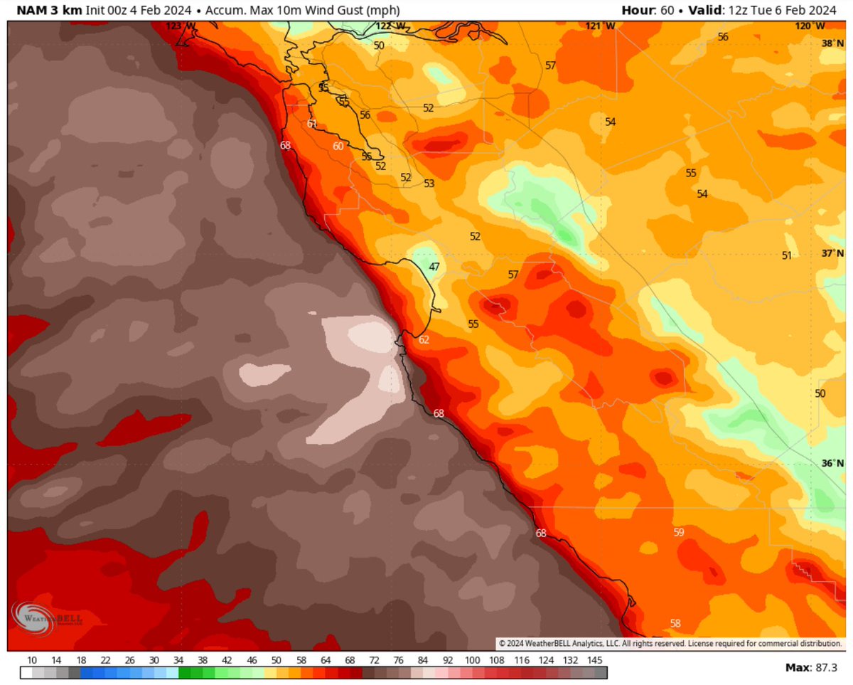 The_Weatherman2's tweet image. These forecasts show why an unprecedented Hurricane Force Wind Warning was issued for the waters from Pt. Pinos to Pt. Piedras Blancas. Gusts of 70-80 mph are possible on the coast and in the mountains, with gusts up to 90 mph over water. #cawx #Monterey #windstorm