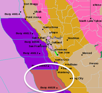 Believe the first-ever Hurricane Force Wind Warning issued in California was just issued tonight by the @NWSBayArea for the Big Sur coastal waters, with wind gusts up to 90 mph possible. Isolated tornadoes and severe thunderstorm wind gusts from San Jose south along the Central