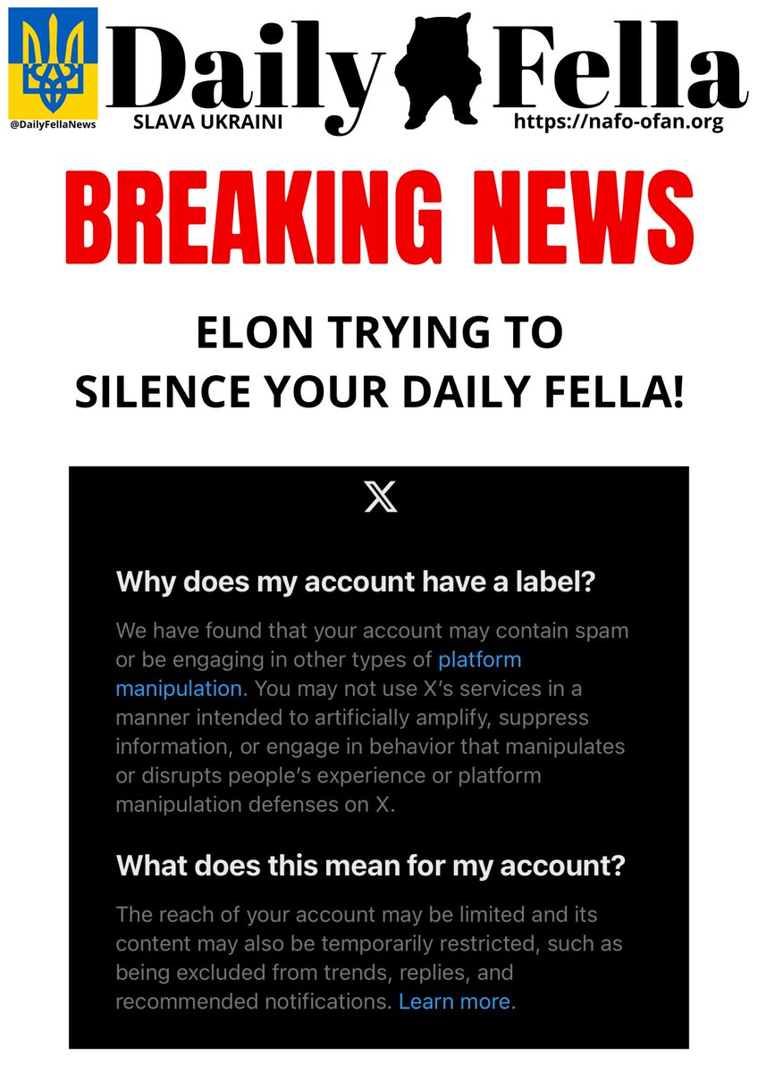 ‼️🚨 BREAKING NEWS! 🚨‼️

We must be doing something right over here because Elon is trying to silence us! Your Daily Fella is under attack from the Vatniks. We’ll be needing plenty of retweets & boosts to get us back on track.

#DailyFella #DailyFellaNews #SlavaUkraini #NAFO