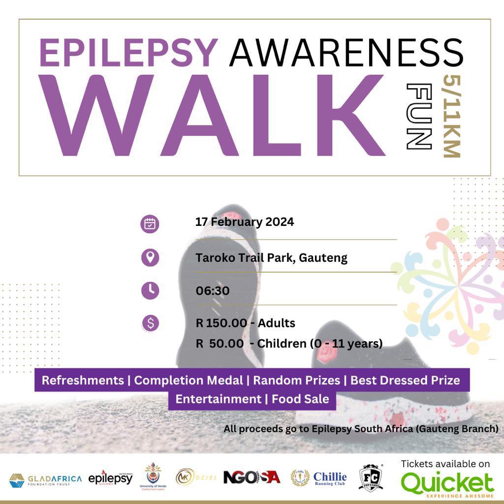ChillieRunners's tweet photo. We have partnered with Glad Africa Foundation Trust to bring you the Epilepsy Awareness Walk 2024. Will be held on the 17th of February 2024 at Taroko Trail park, Modderfontein Reserve. 

Use link 🔗 https://t.co/6ccJ1h1Tn1  15% Discount code is CHILLIE15 https://t.co/xdP8lqGf5A