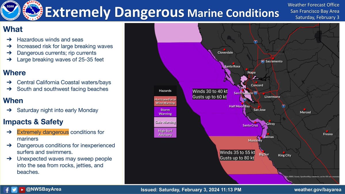 NWSBayArea's tweet photo. Extremely Dangerous Winds. 

The waters from the Big Sur Coast to 60 nautical miles out have been upgraded to Hurricane Force Wind Warnings for winds 35 to 55 kt with gusts up to 80 knots (roughly 92 mph).

#CAwx https://t.co/Zbt2dNryJ1