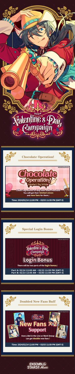 enstarsmusic_EN's tweet photo. ❤️Valentine's Day Campaign 2024 is coming!
Time: 02/14 12:00 PM ~ 03/03 11:59 PM (GMT-5)

🎁Login everyday to claim special bonus.
🥳Limited Voices and SPPs to celebrate the sweet moment.
🛋️Decorate the office with themed furniture...

Please check the in-game notice for details. https://t.co/GiuDHOHue7