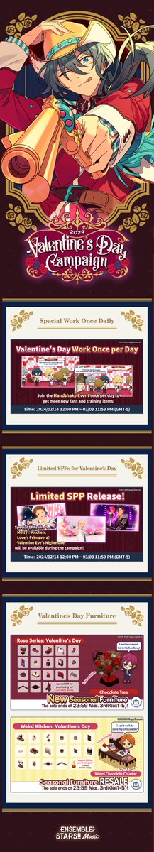 enstarsmusic_EN's tweet photo. ❤️Valentine's Day Campaign 2024 is coming!
Time: 02/14 12:00 PM ~ 03/03 11:59 PM (GMT-5)

🎁Login everyday to claim special bonus.
🥳Limited Voices and SPPs to celebrate the sweet moment.
🛋️Decorate the office with themed furniture...

Please check the in-game notice for details. https://t.co/GiuDHOHue7